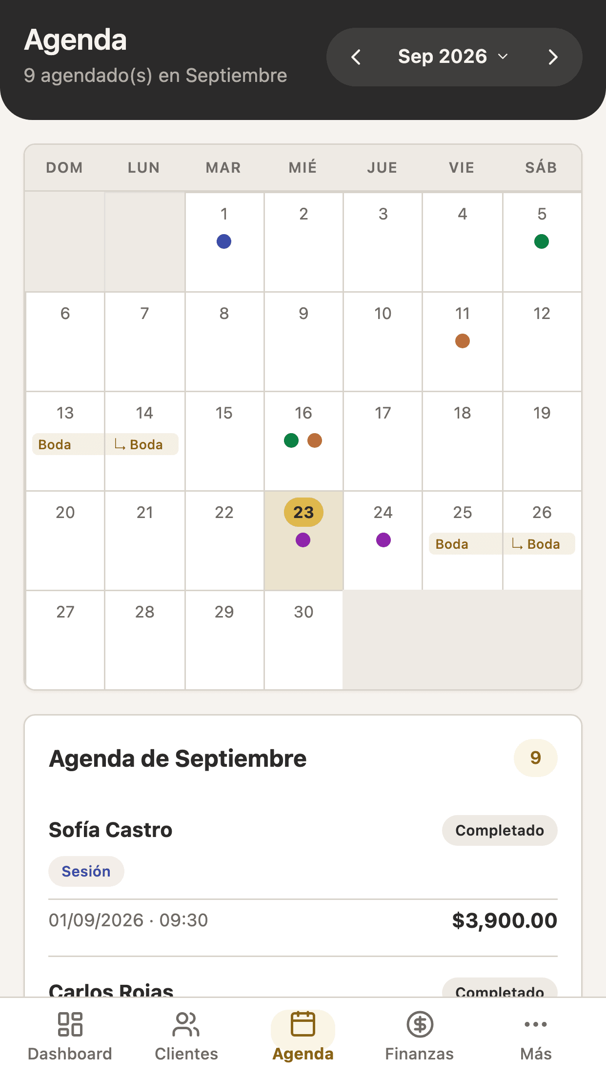 Captura de la agenda de Atemis: calendario del mes con las sesiones y la lista de eventos