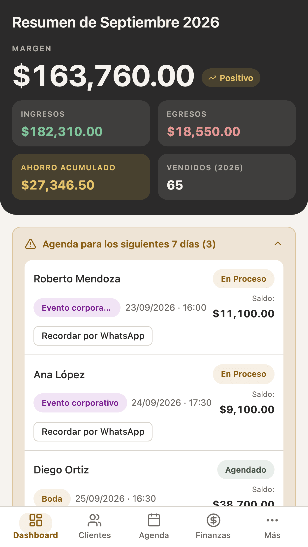 Captura del panel de Atemis: resumen del mes con ingresos, egresos y las próximas sesiones