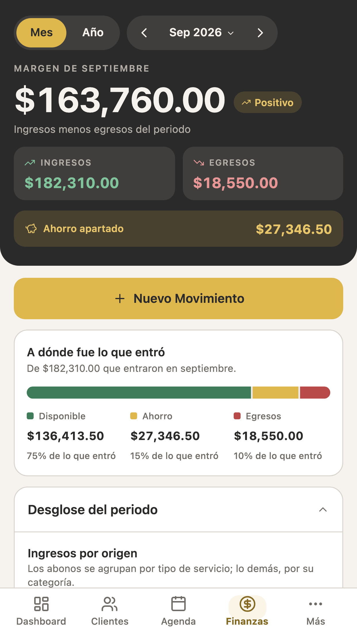 Captura de finanzas de Atemis: margen del mes, ingresos, egresos y ahorro apartado